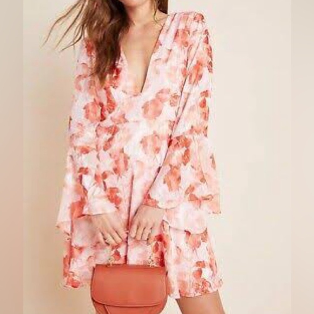 Hutch Amora Anthro Womens 22W Pink Floral Burnout Bell Sleeve Minidress Plus NWT